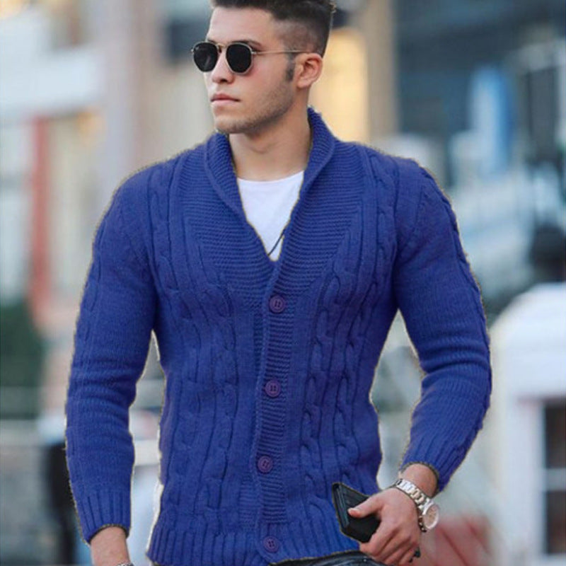 Side view of the relaxed men's knit cardigan