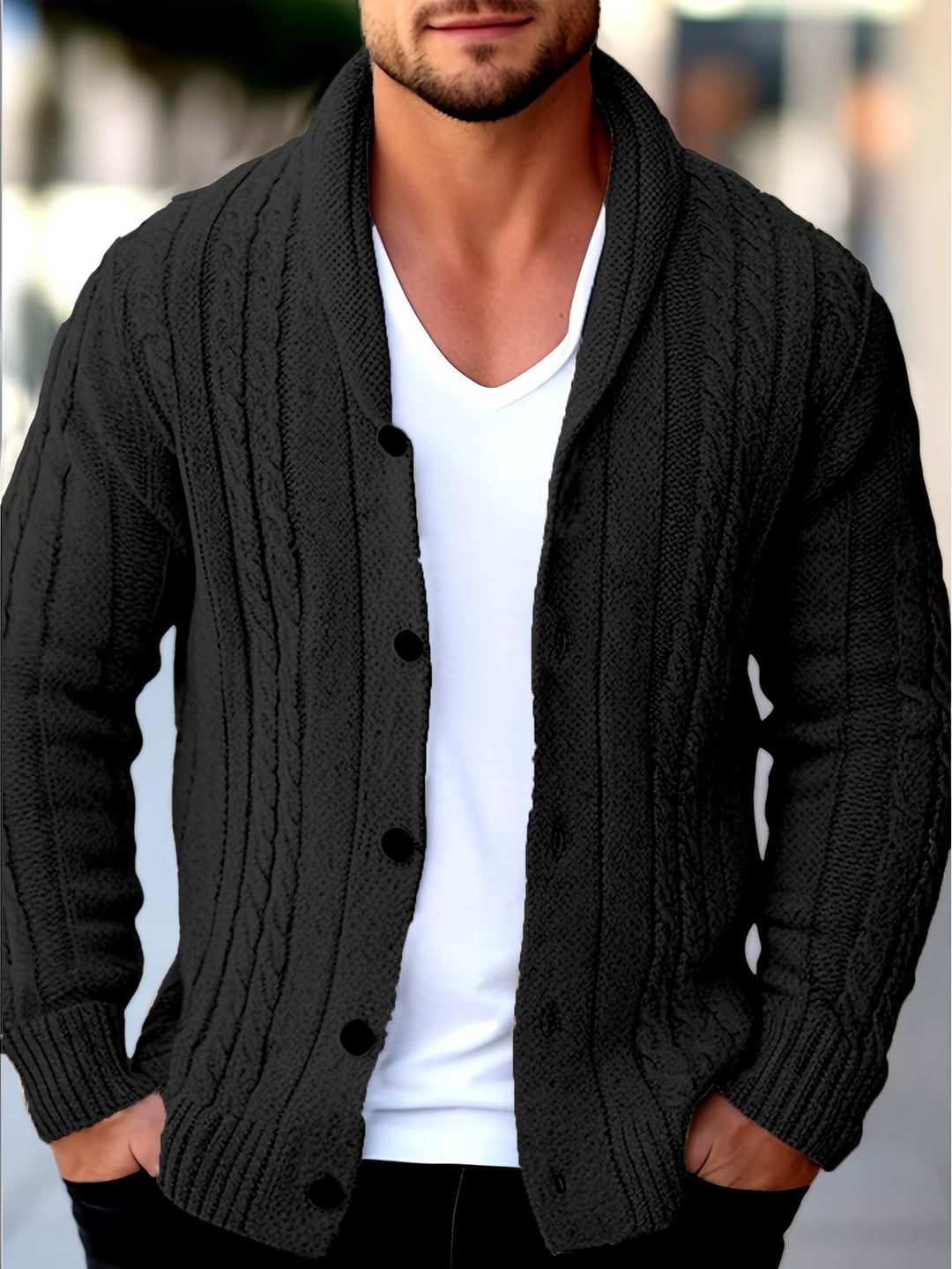 Men's knit cardigan presented as an easy everyday layer