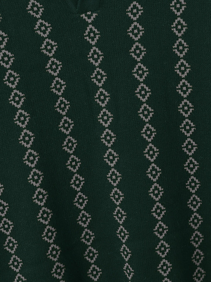 Close-up view of the knitted texture on a men's sweater