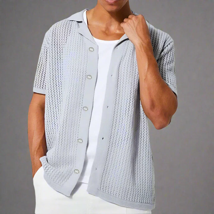 Men's textured open knit shirt with camp collar shown from the front