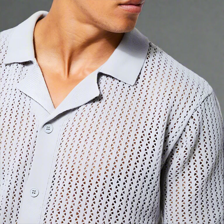 Men's summer knit shirt with camp collar shown from the back