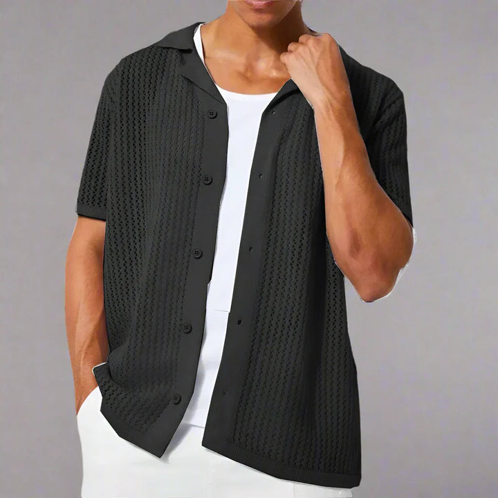 Men's camp collar knit shirt styled on model for a relaxed summer look