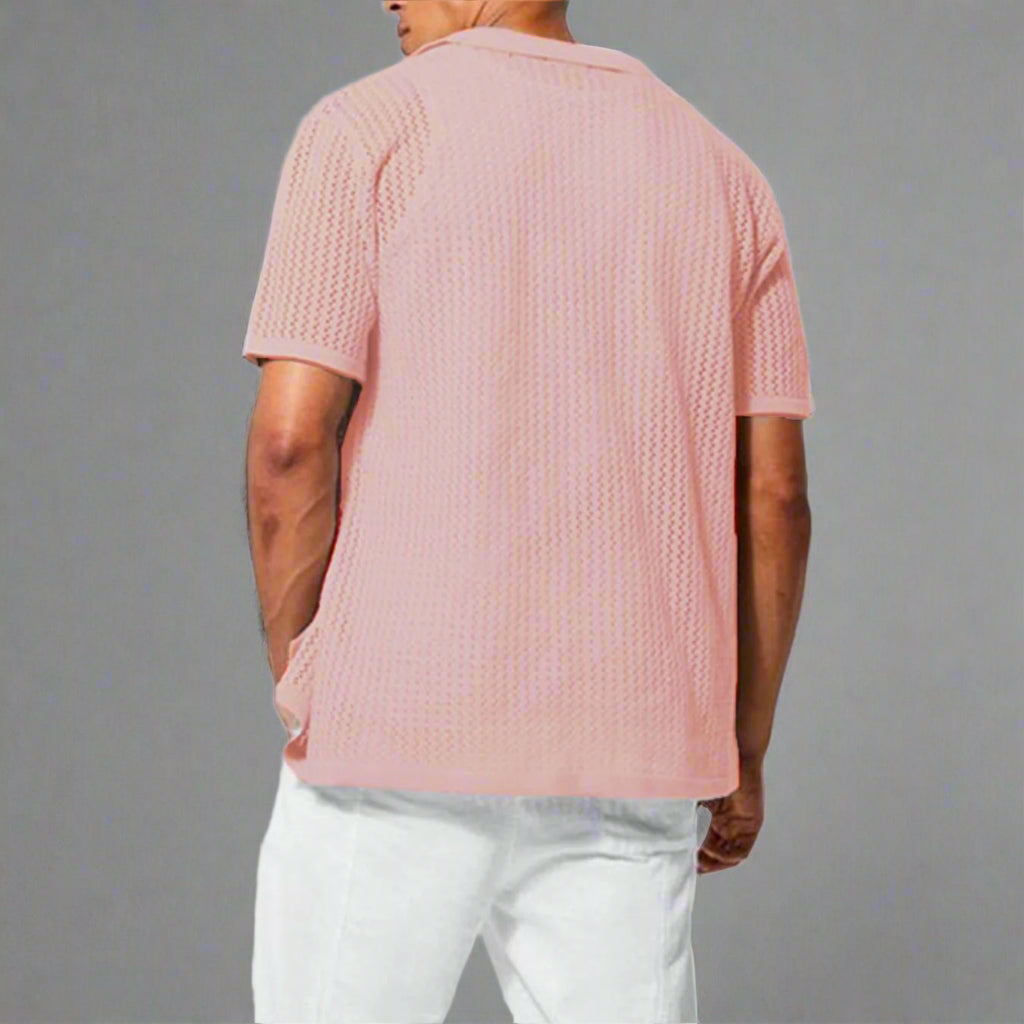 Men's textured summer shirt paired with casual trousers on model
