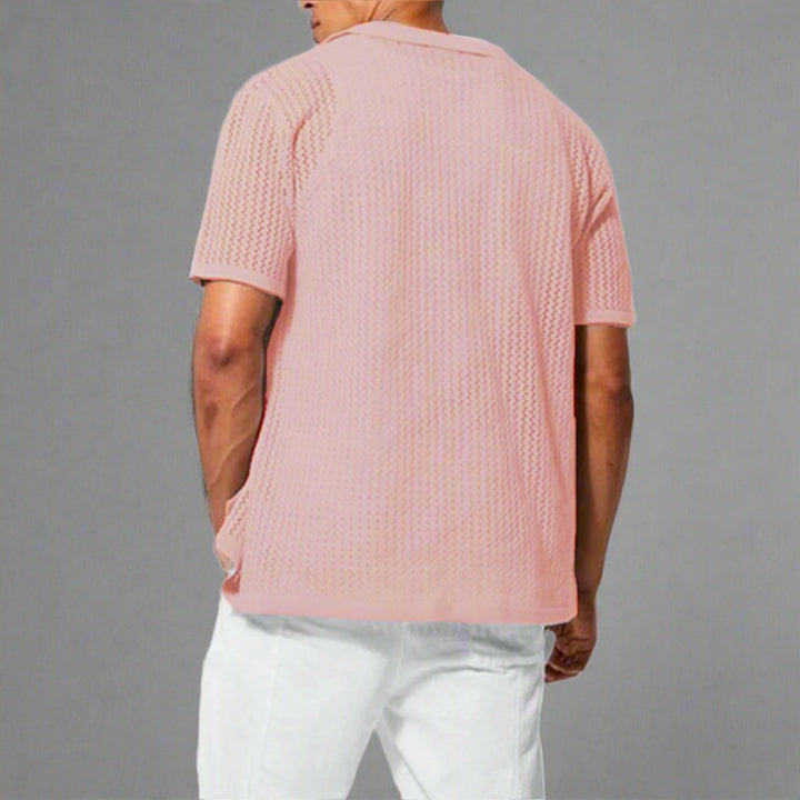 Men's textured summer shirt paired with casual trousers on model