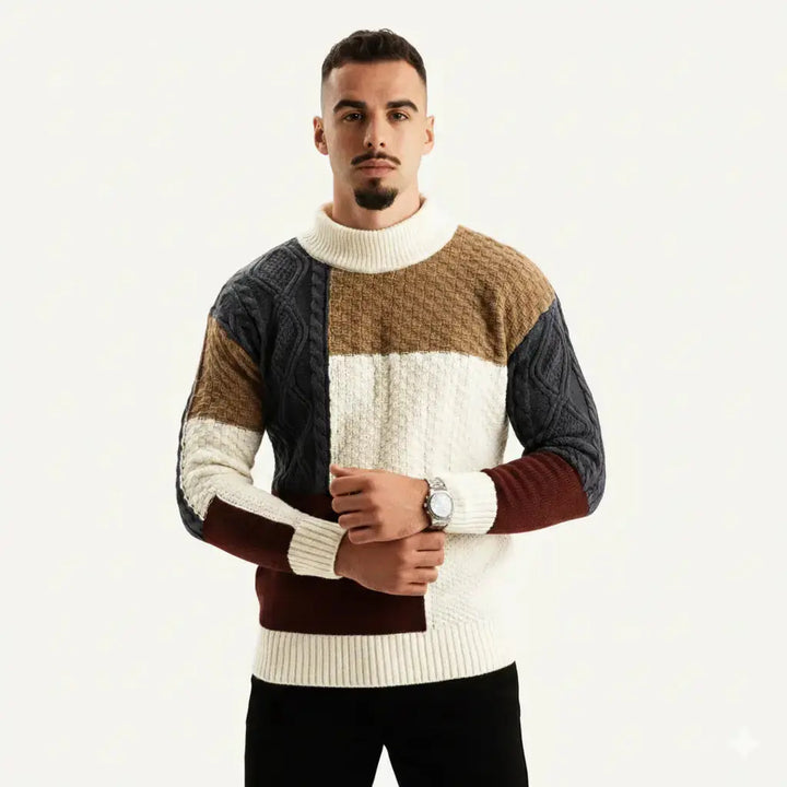 Men's patchwork knit crew neck jumper front view