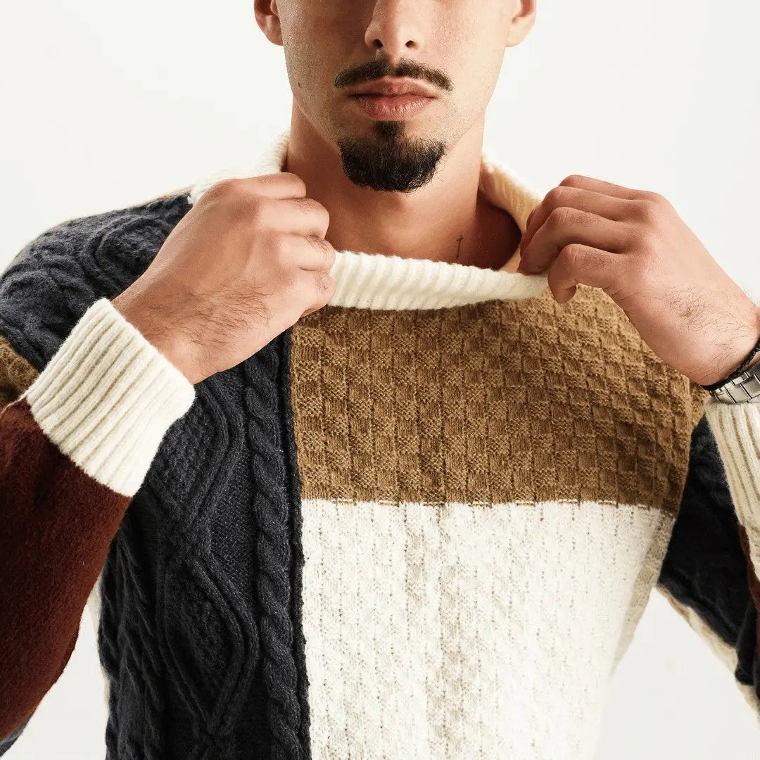 Men's patchwork knit jumper back view with long sleeves