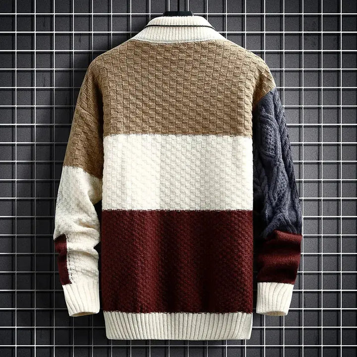 Men's patchwork knit crew neck jumper styled on model