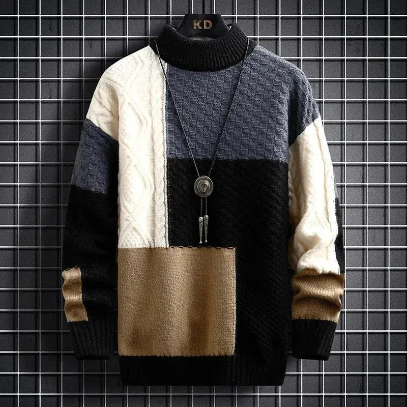 Men's Patchwork Knit Crew Neck Jumper