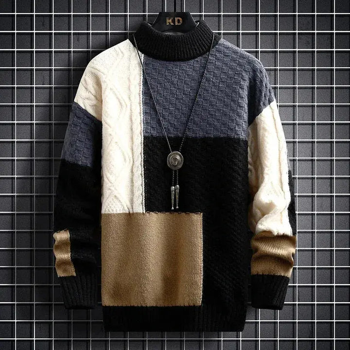 Men's Patchwork Knit Crew Neck Jumper