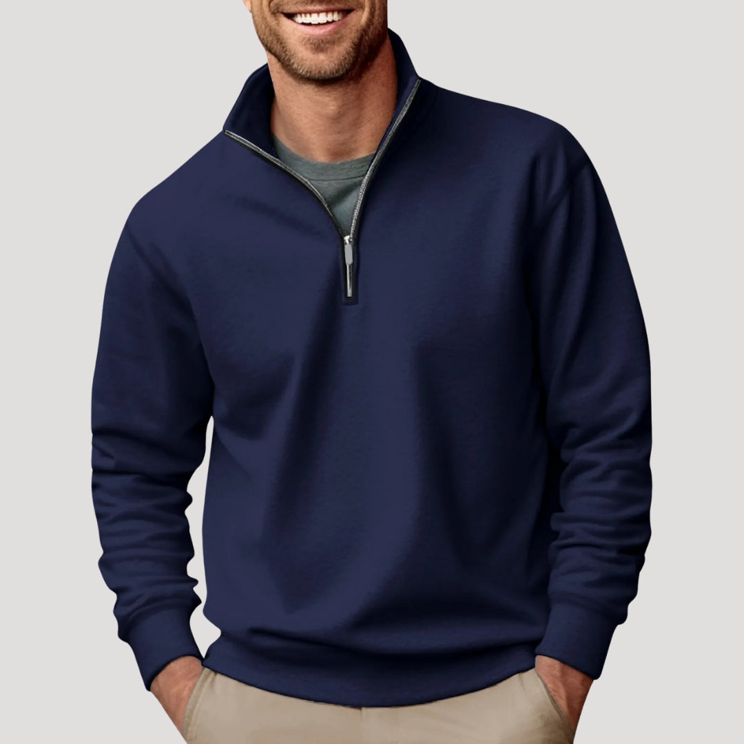 Close-up of the quarter-zip fastening on a men's jumper
