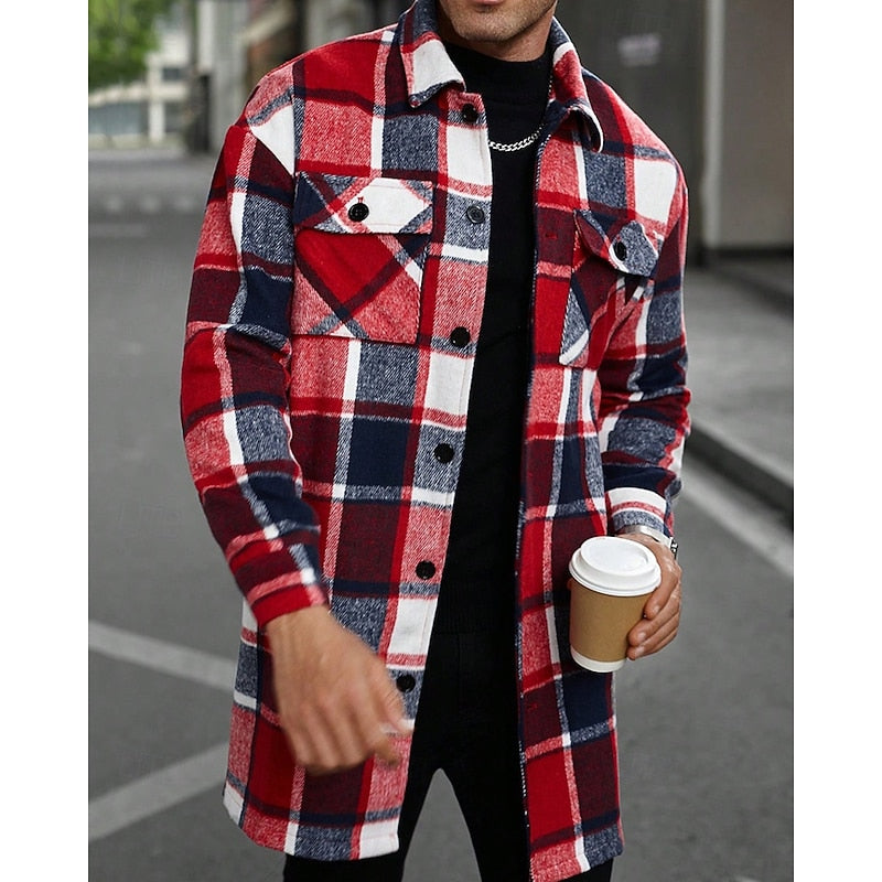 Front button fastening on a men's plaid shirt jacket