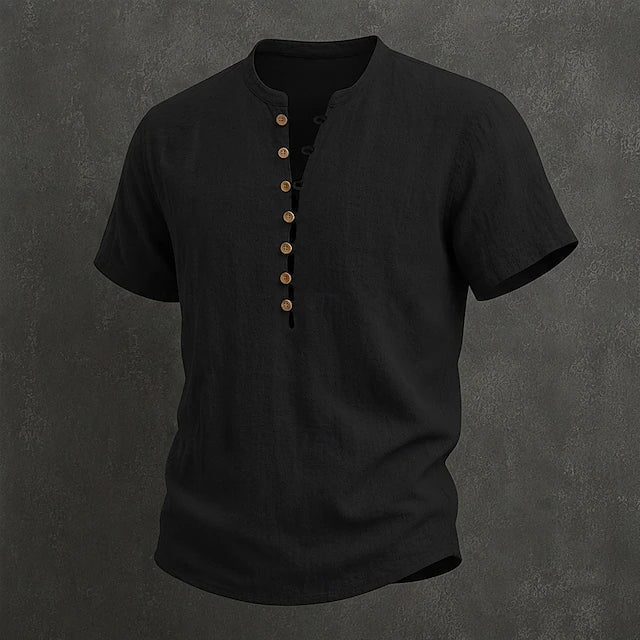 Men's Linen Short Sleeve Band Collar Shirt
