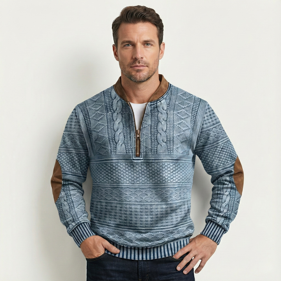 Men's button-front cardigan displayed with its long sleeves