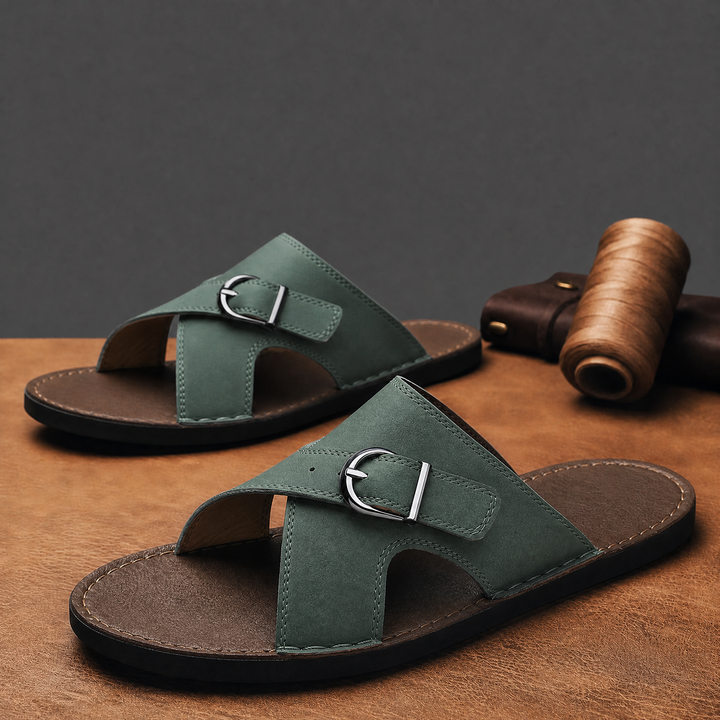 Men's nubuck leather cross strap sandals heel view
