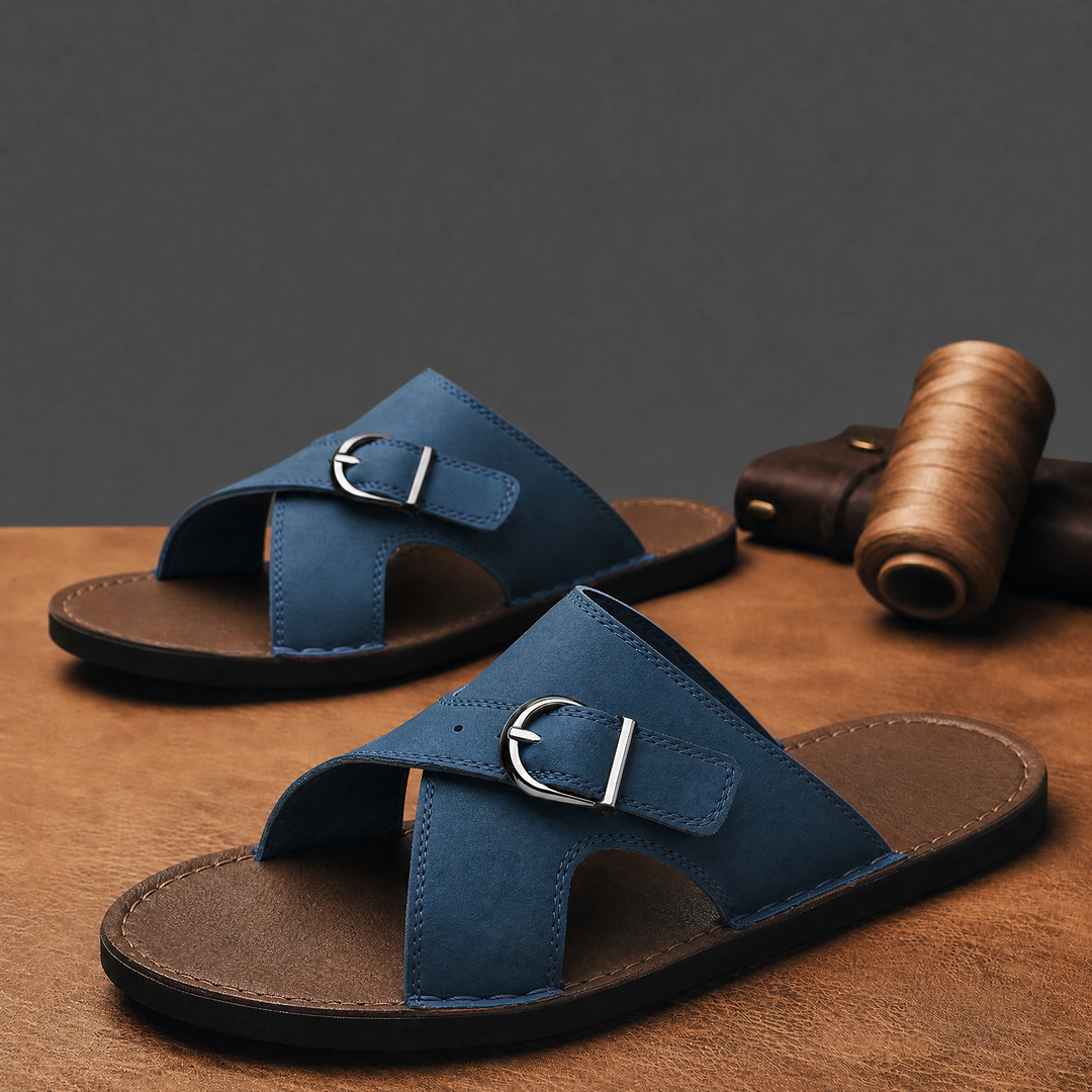 Men's nubuck leather cross strap sandals angled view