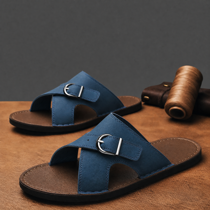 Men's nubuck leather cross strap sandals angled view