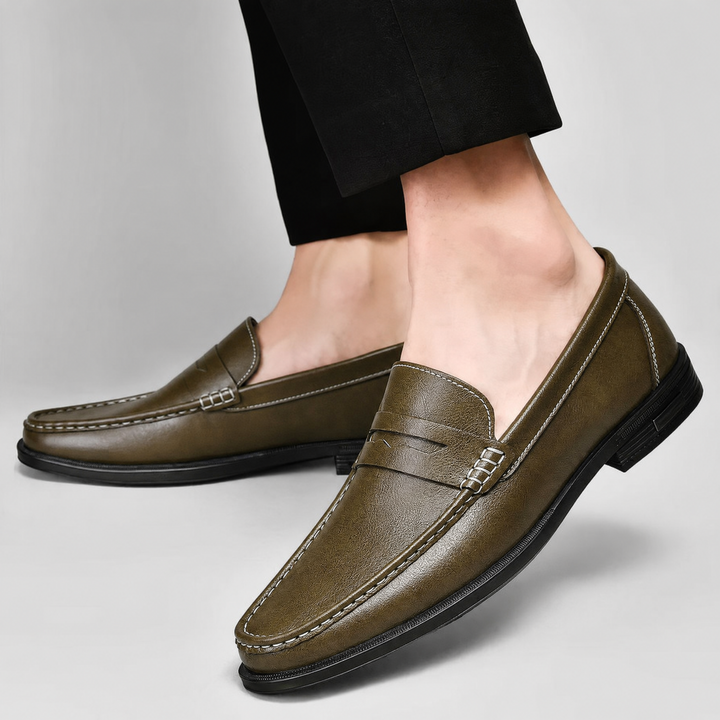 Men's leather penny loafers styled for smart everyday wear