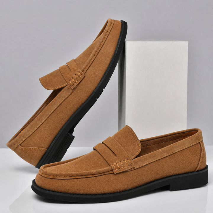 Top view of men's penny loafers with classic styling