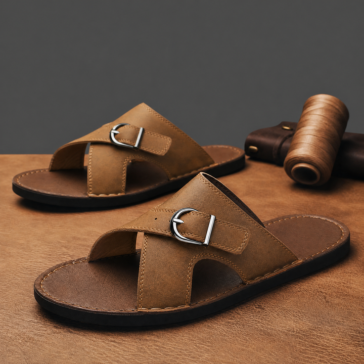 Men's nubuck leather cross strap sandals on white background