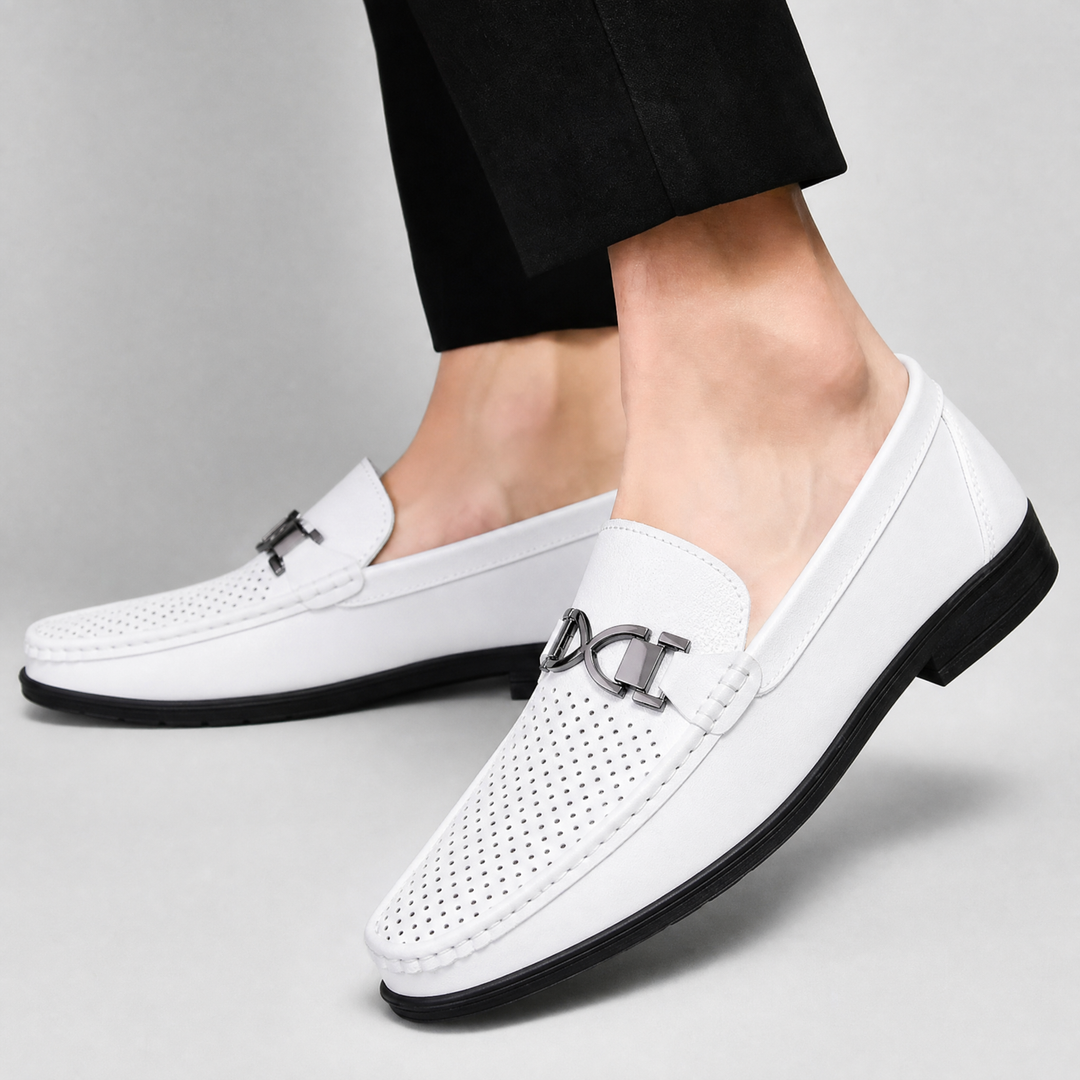 Rear and side detail of men's leather loafers with cushioned sole