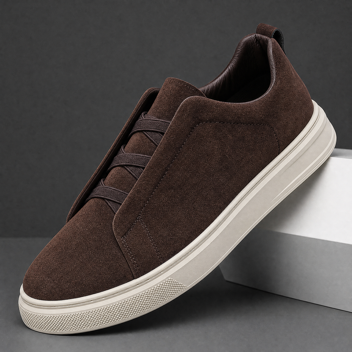 Rear view of men's suede sneakers showing the heel design