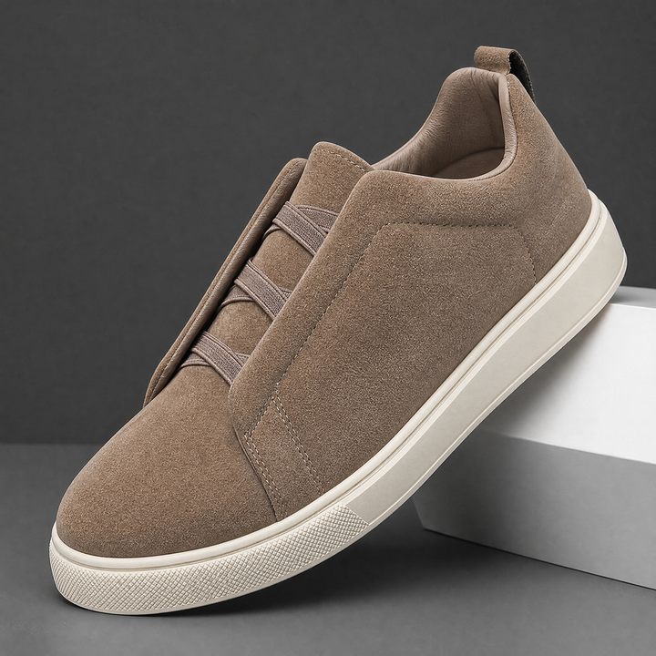 Close-up of the stretch laces on men's suede sneakers