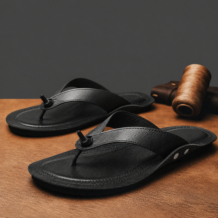 Men's leather cross strap sandals highlighting sole and strap detail