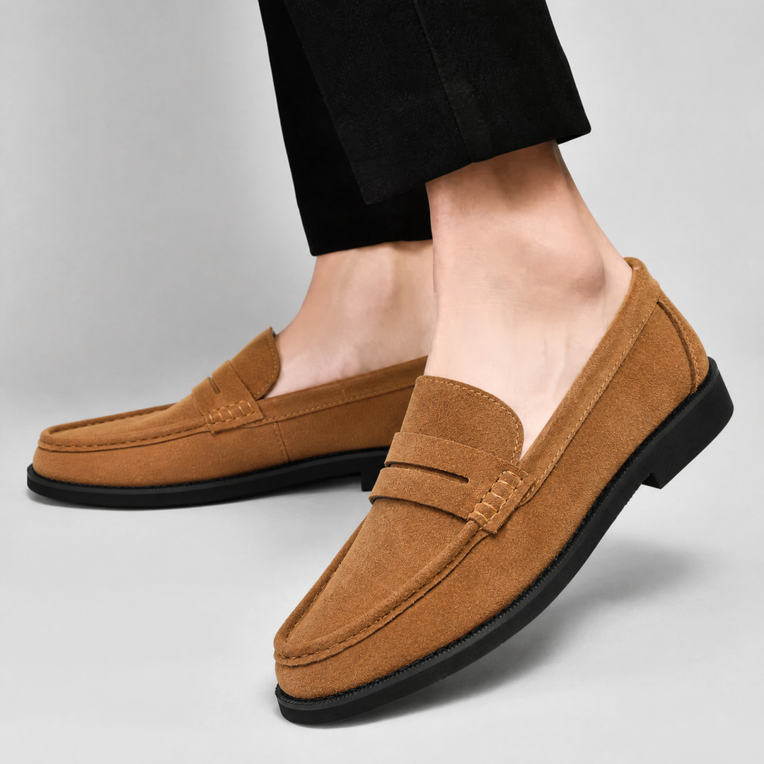 Close-up of the textured suede upper on a penny loafer