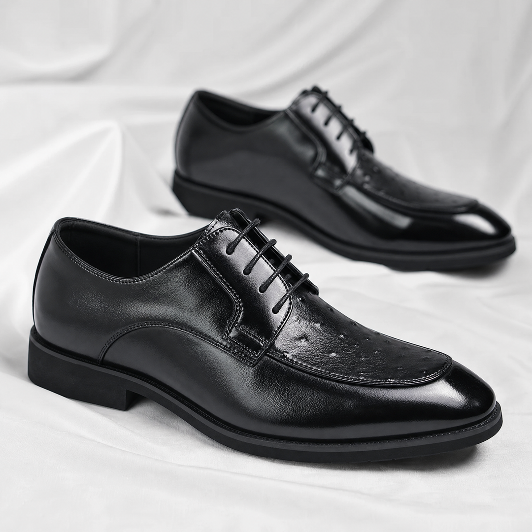 Men's ostrich leather dress shoes shown from the heel angle