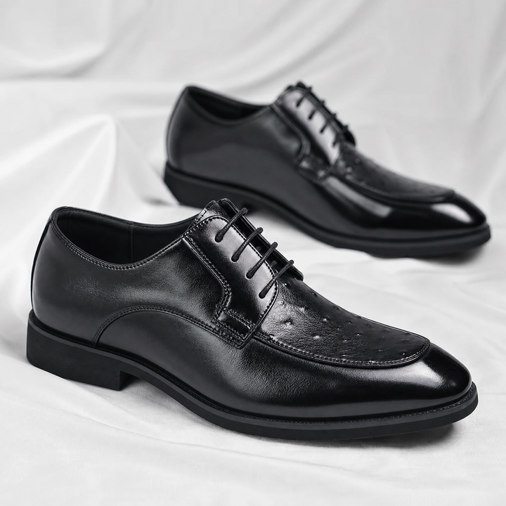 Men's ostrich leather dress shoes shown from the heel angle