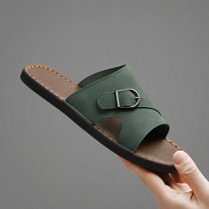 Men's nubuck leather cross strap sandals sole detail