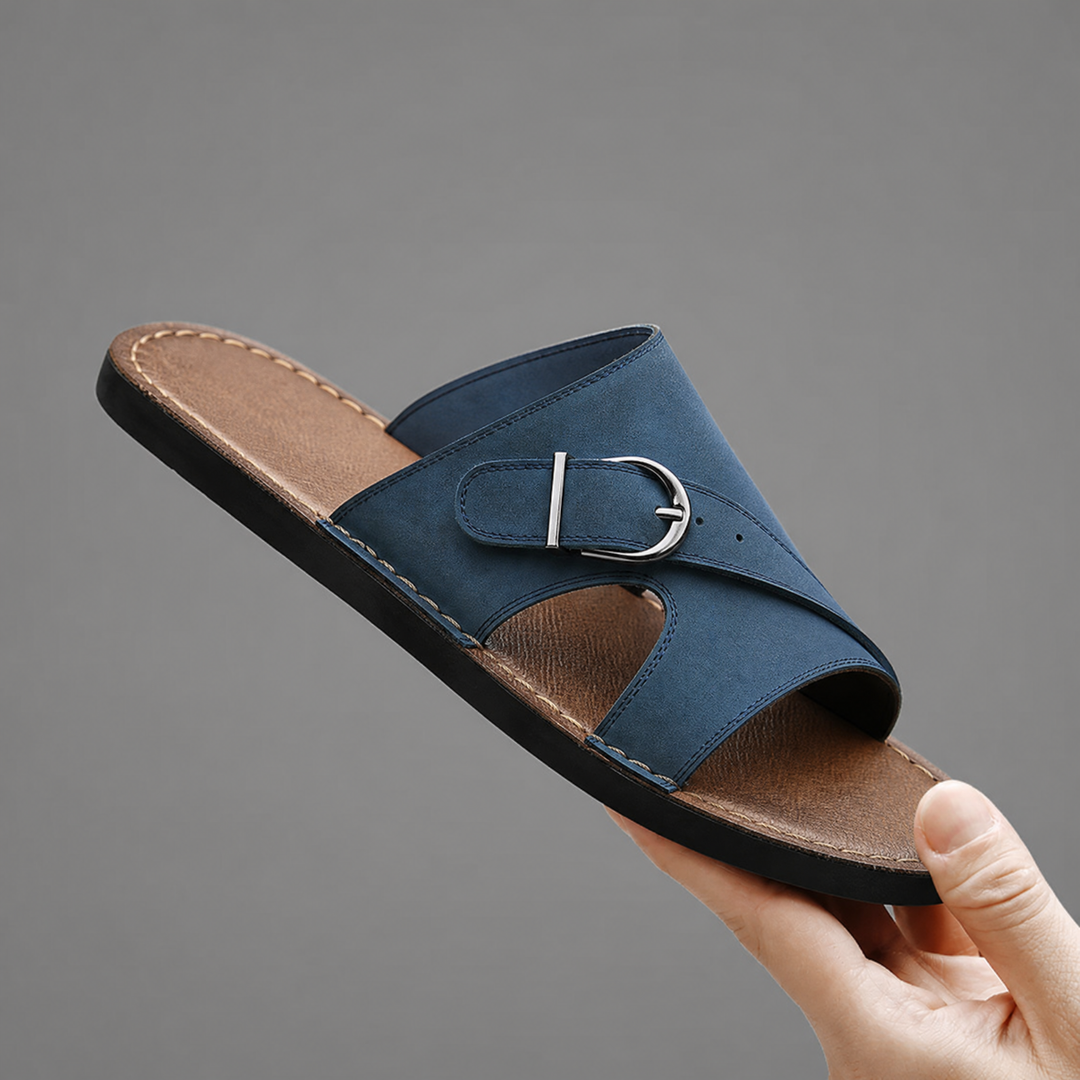 Men's nubuck leather cross strap sandals side view