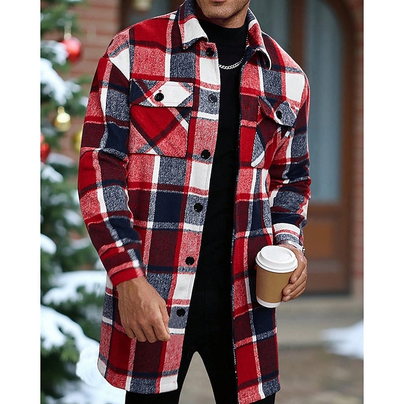 Full view of the men's plaid shirt jacket on a model