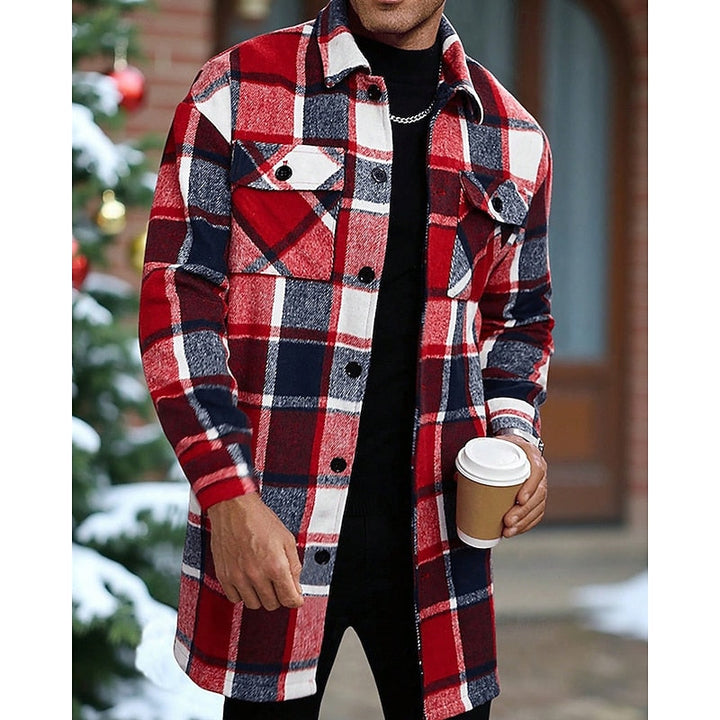 Full view of the men's plaid shirt jacket on a model