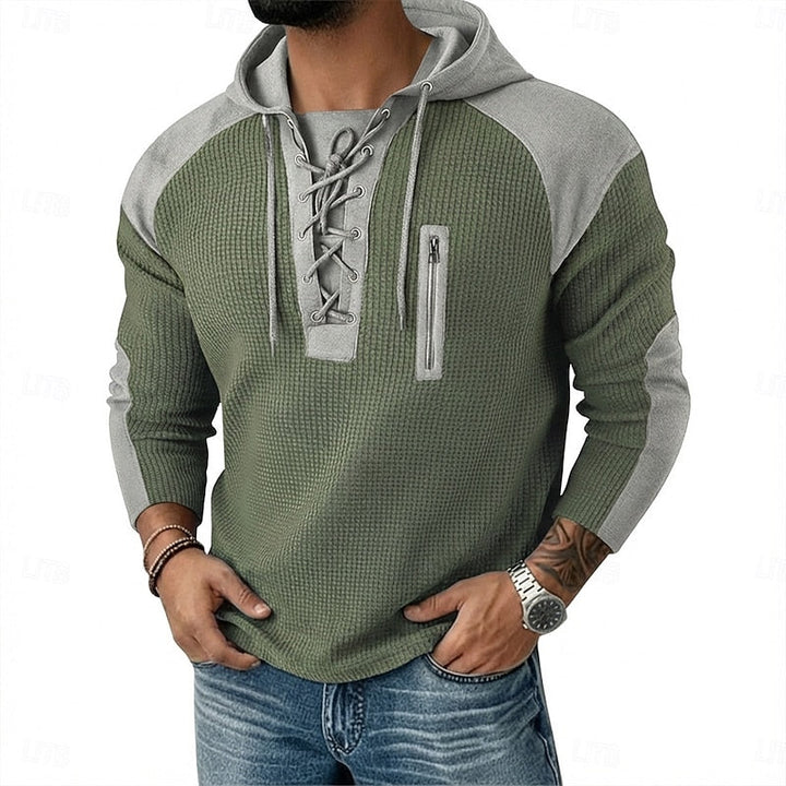 Men's Waffle Knit Lace-Up Hooded Jumper