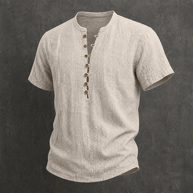 Men's linen short sleeve band collar shirt shown from the back