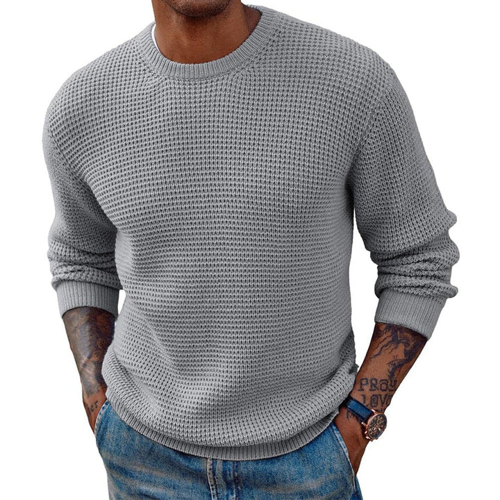 Men's ribbed crew-neck longline jumper shown from the front