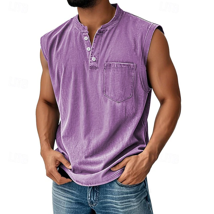 Men's sleeveless Henley top with classic buttoned neckline and clean finish