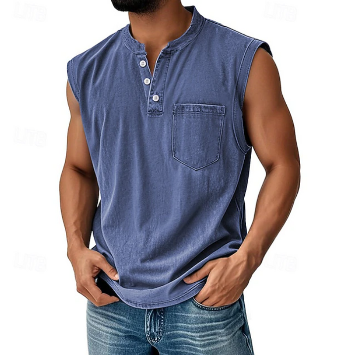 Men's Sleeveless Henley Tank Top Vintage Casual