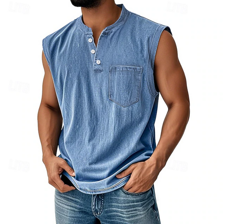 Men's Sleeveless Henley Tank Top Vintage Casual
