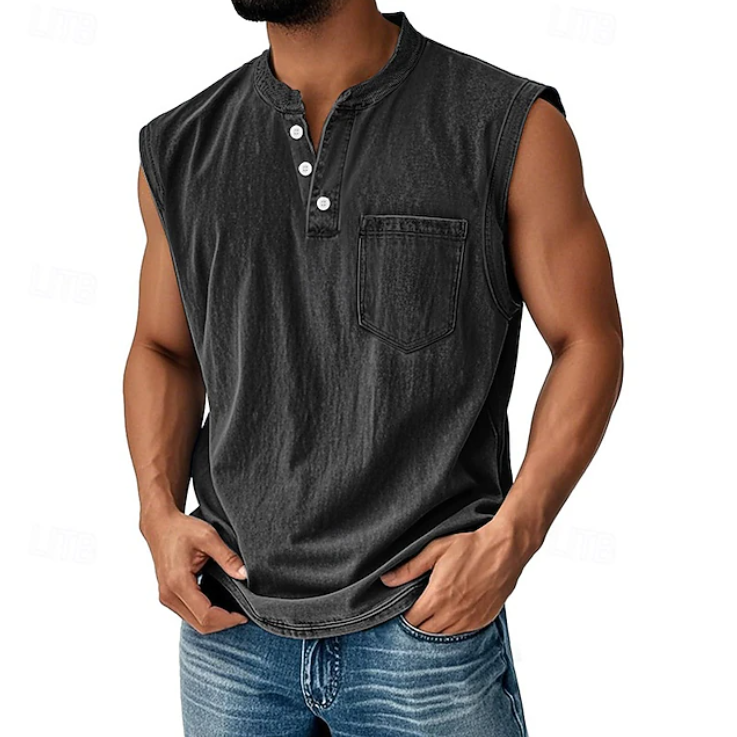 Close-up of Henley neckline with button placket on men's sleeveless vest