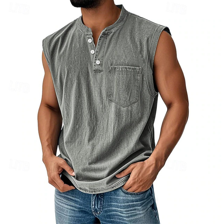 Men's Sleeveless Henley Tank Top Vintage Casual