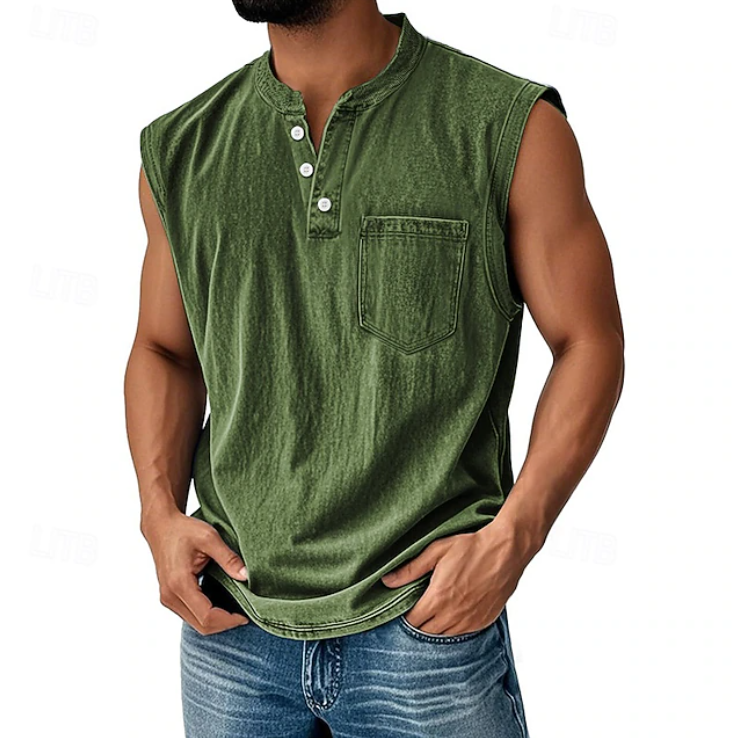 Men's Sleeveless Henley Tank Top Vintage Casual
