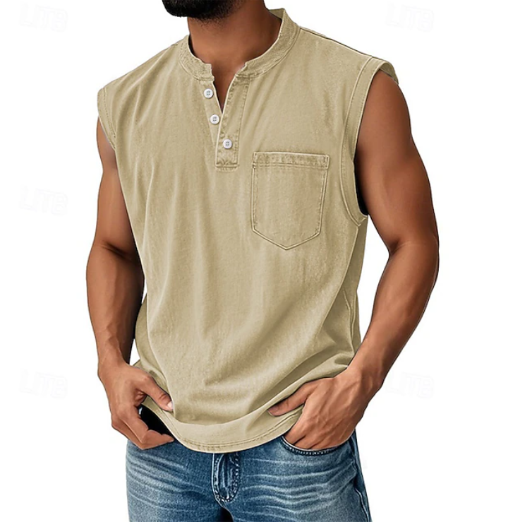 Men's Henley tank top styled for everyday casual dressing