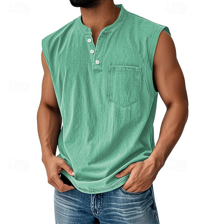 Men's Sleeveless Henley Tank Top Vintage Casual