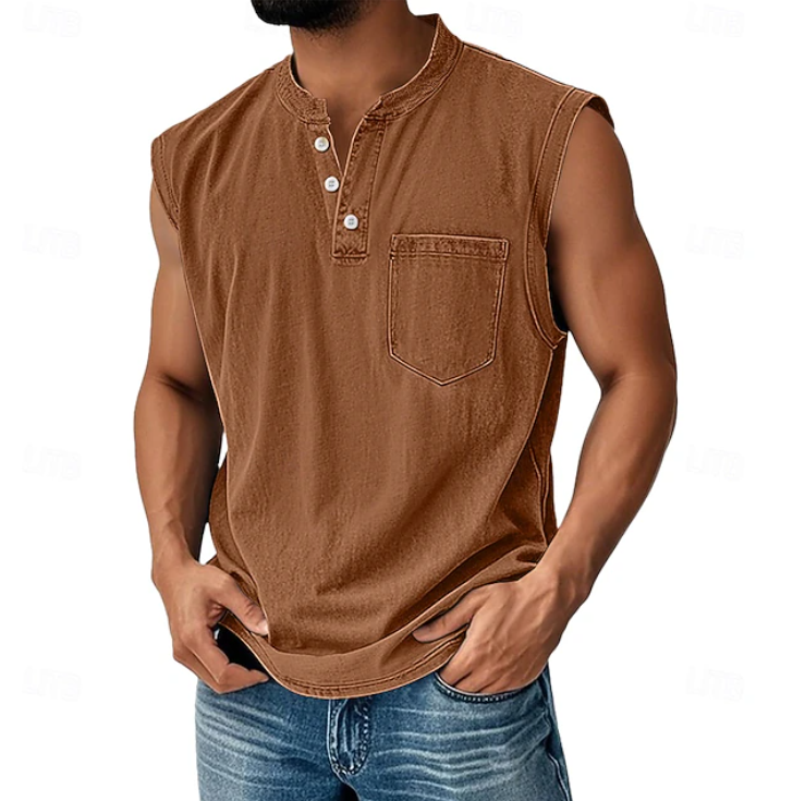 Men's Sleeveless Henley Tank Top Vintage Casual