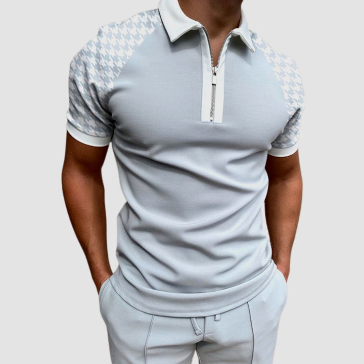 Men's printed zip polo shirt front view with smart casual collar