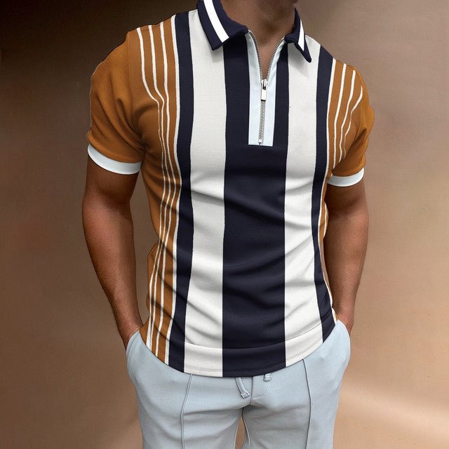 Close-up of zip placket and collar on men's printed polo shirt