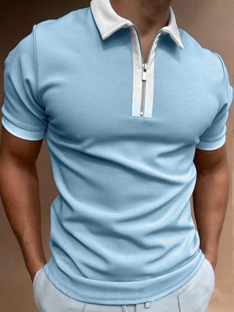 Men's smart casual printed polo shirt styled in a front angled view