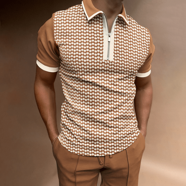 Side view of men's zip polo shirt with short sleeves and printed finish